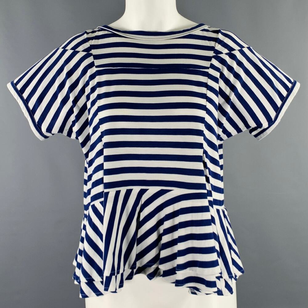 COMME des GARCONS Size S White Blue Cotton Stripe Short Sleeve Casual Top